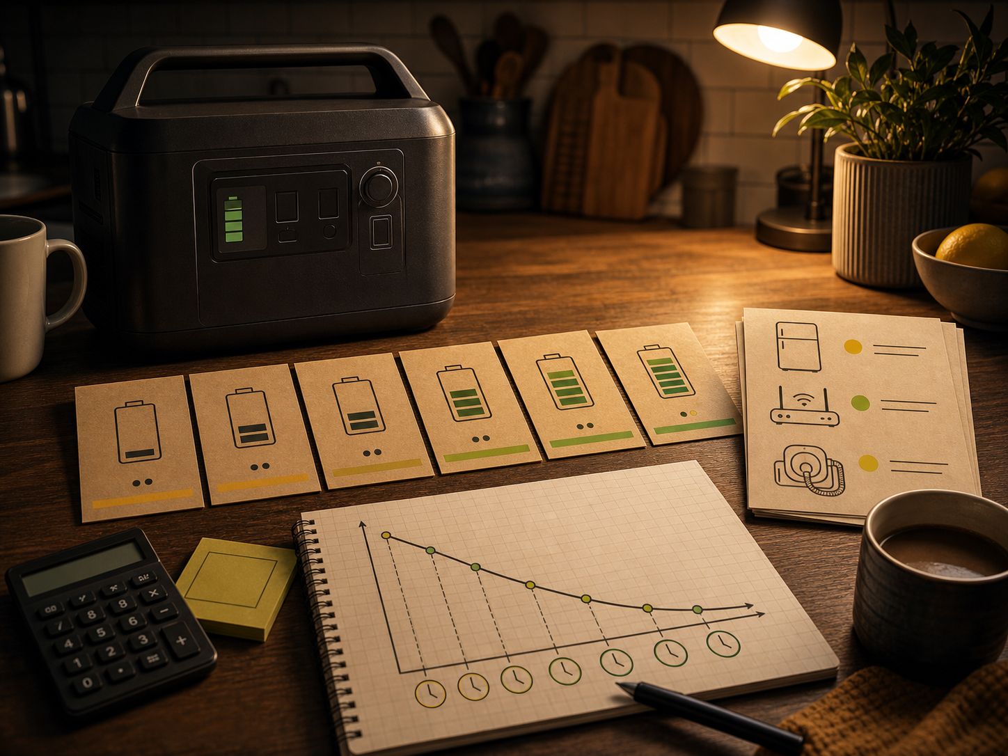 Portable power stations, appliance load notes, and runtime cards arranged on a kitchen counter